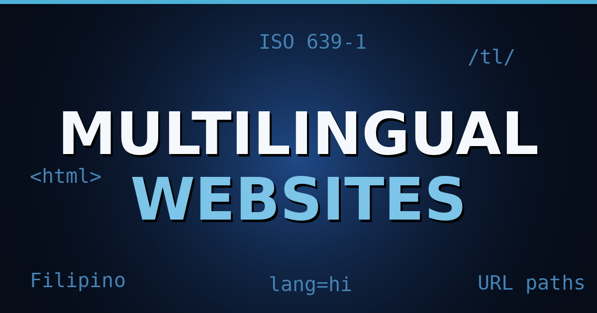 Dark navy gradient cover with glowing HTML tag motifs and the title text 'Multilingual Websites'.