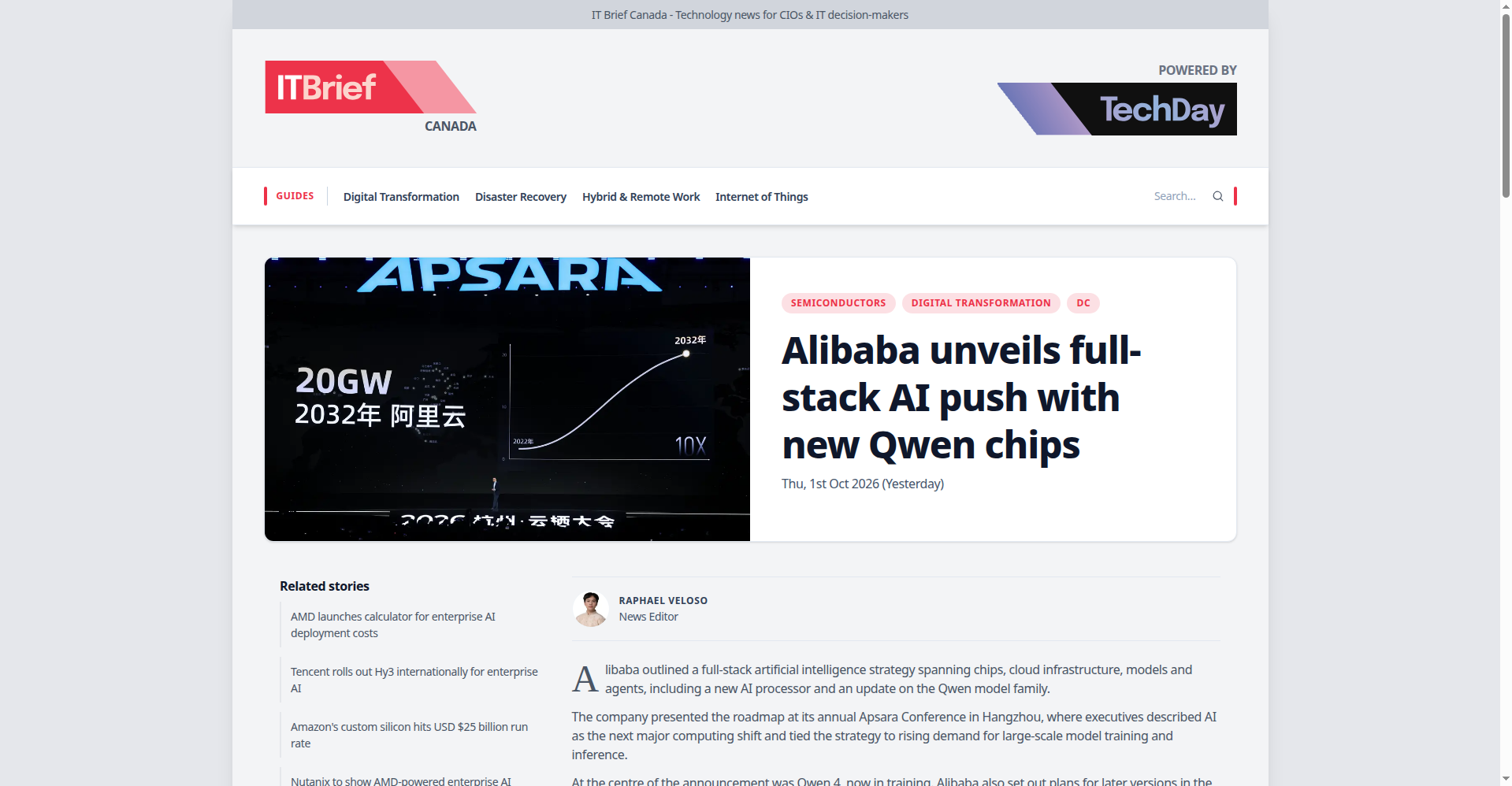 Screenshot of IT Brief Canada coverage: Apsara Conference visual showing Alibaba Cloud's 2032 20GW target curve