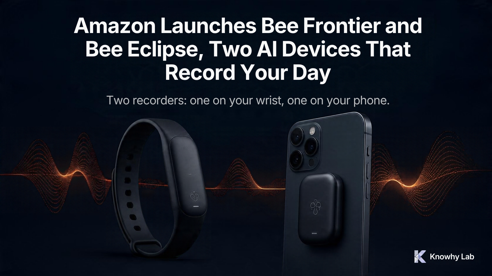Dark tech illustration of a slim wristband and a small magnetic phone attachment with sound-wave graphics