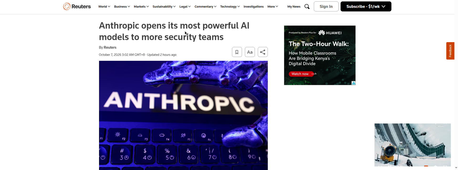 Reuters 关于 Anthropic 新网络验证计划的报道页面截图