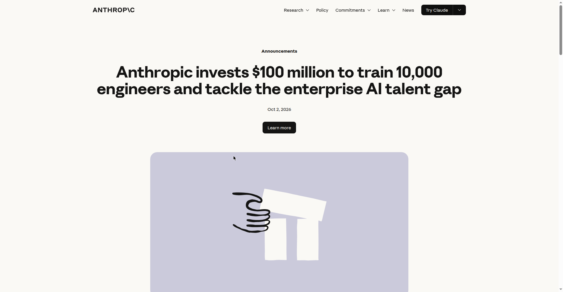 Screenshot of the Claude Frontier Academy announcement on Anthropic's website