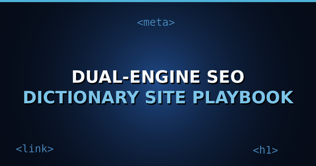 Dark navy gradient cover with HTML tag motifs like div and h1, title text "Baidu Google Dictionary SEO" centered in white.