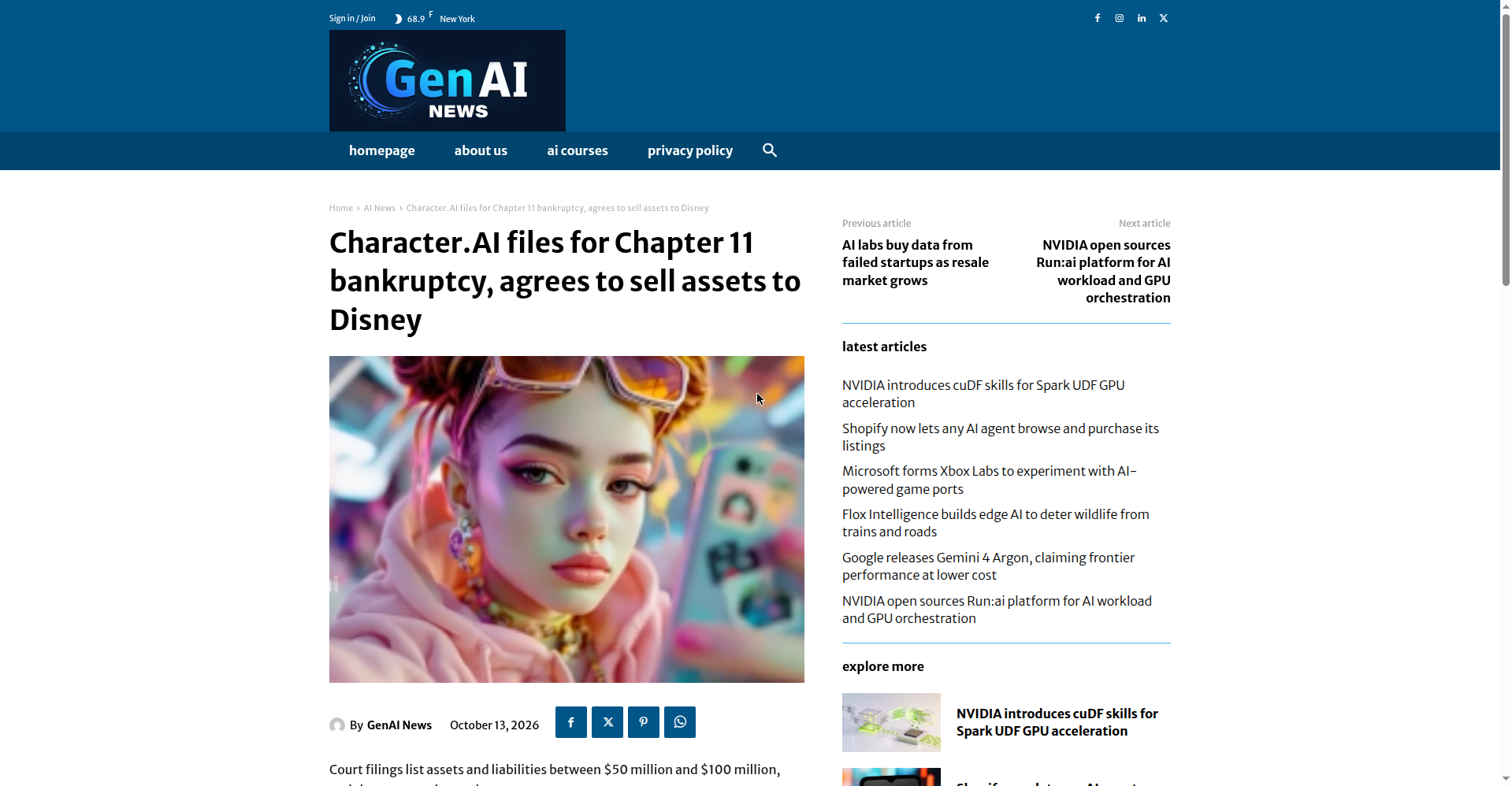 Screenshot of a news article page headlined "Character.AI files for Chapter 11 bankruptcy, agrees to sell assets to Disney," showing a stylized illustration of a girl wearing sunglasses.