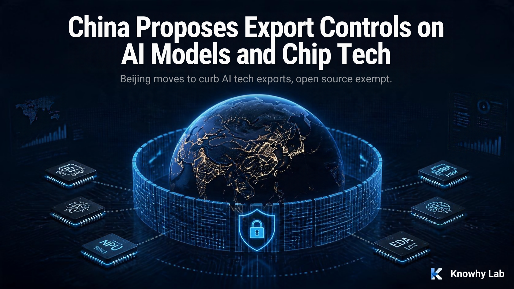 Dark tech illustration of a globe with a circuit-pattern barrier over chip icons