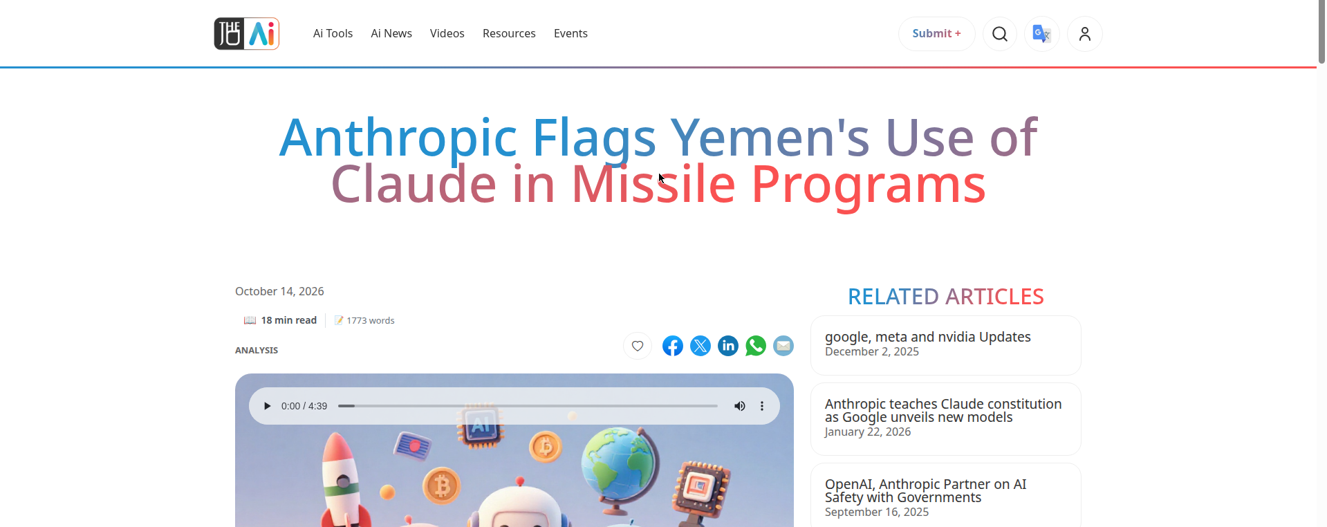 Screenshot of the headline "Anthropic Flags Yemen's Use of Claude in Missile Programs" dated Oct 14, 2026 on THEJO AI news site.