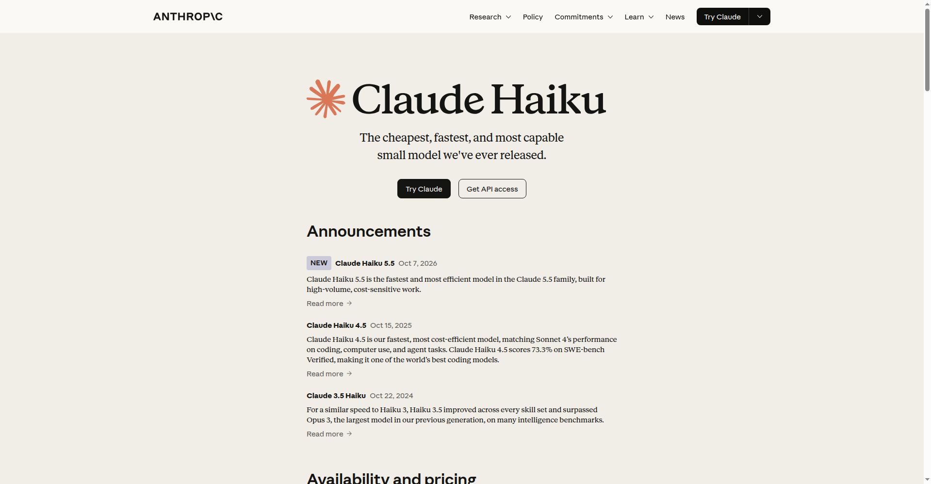 Anthropic 官方 Claude Haiku 产品页截图,Announcements 栏目标注了 10 月 7 日发布的 Claude Haiku 5.5
