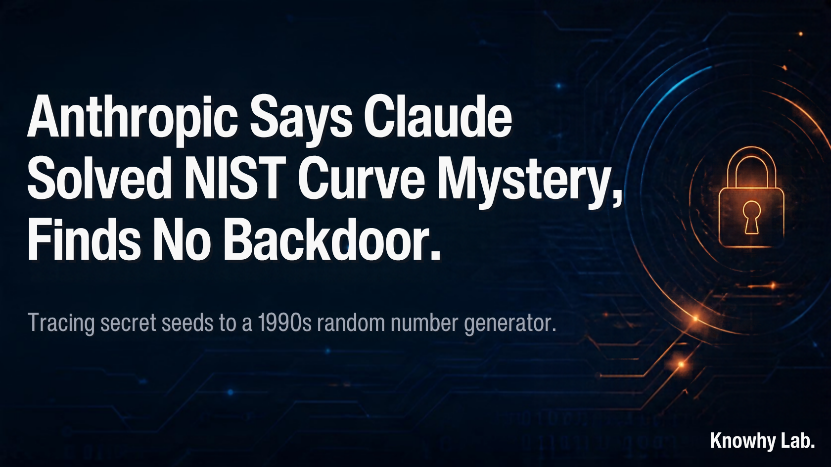 A dark tech-style cover with a bold headline reading "Anthropic Says Claude Solved NIST Curve Mystery, Finds No Backdoor", a one-line subtitle about NIST curves, and "Knowhy Lab" in the corner.