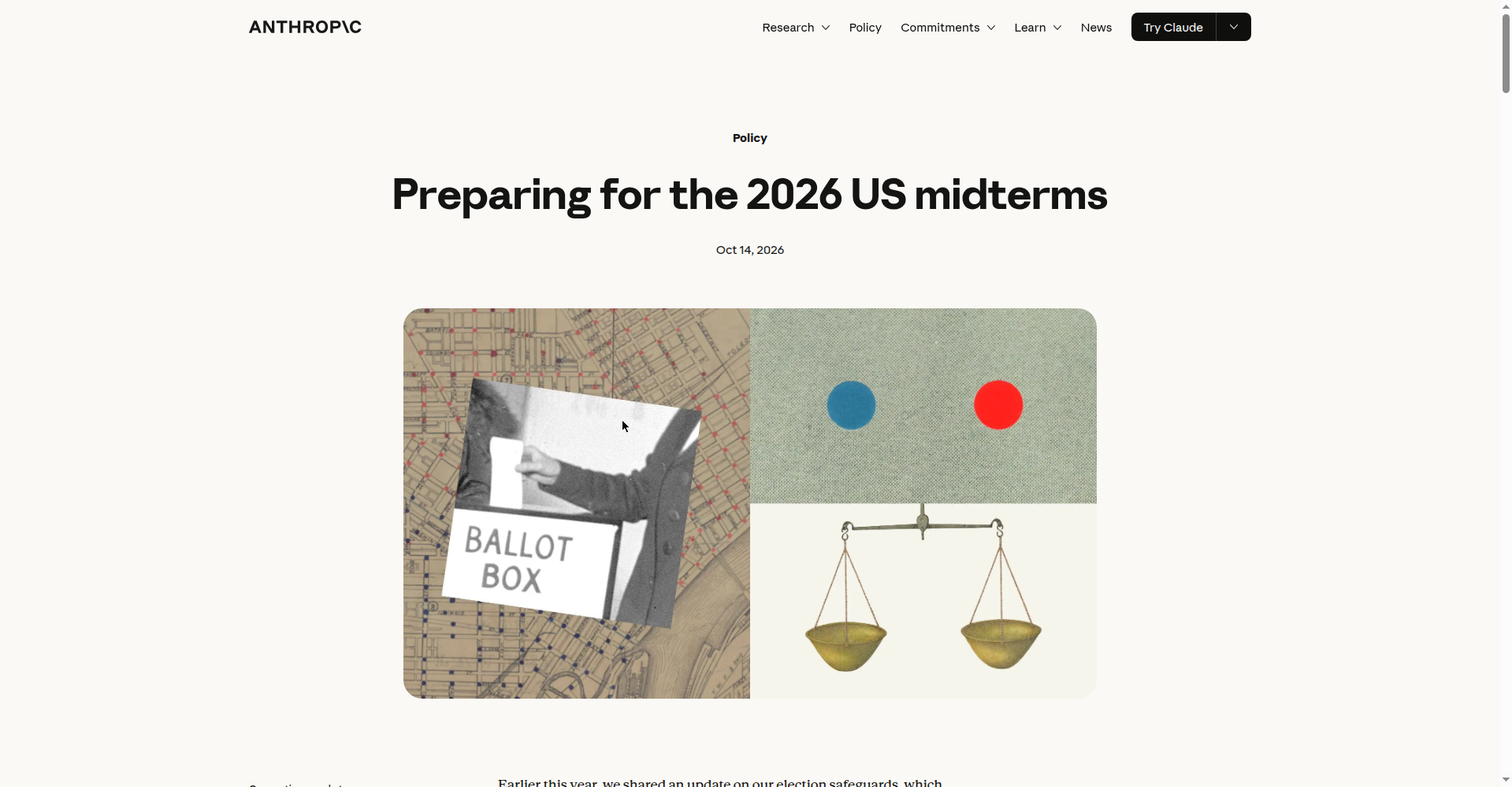 Screenshot of Anthropic's official announcement page titled "Preparing for the 2026 US midterms" dated Oct 14, 2026, with a ballot-box illustration.