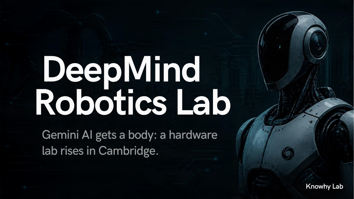 A dark tech-style cover headlined "DeepMind Robotics Lab" with the subtitle "Gemini AI gets a body: a hardware lab rises in Cambridge", "Knowhy Lab" in the corner.