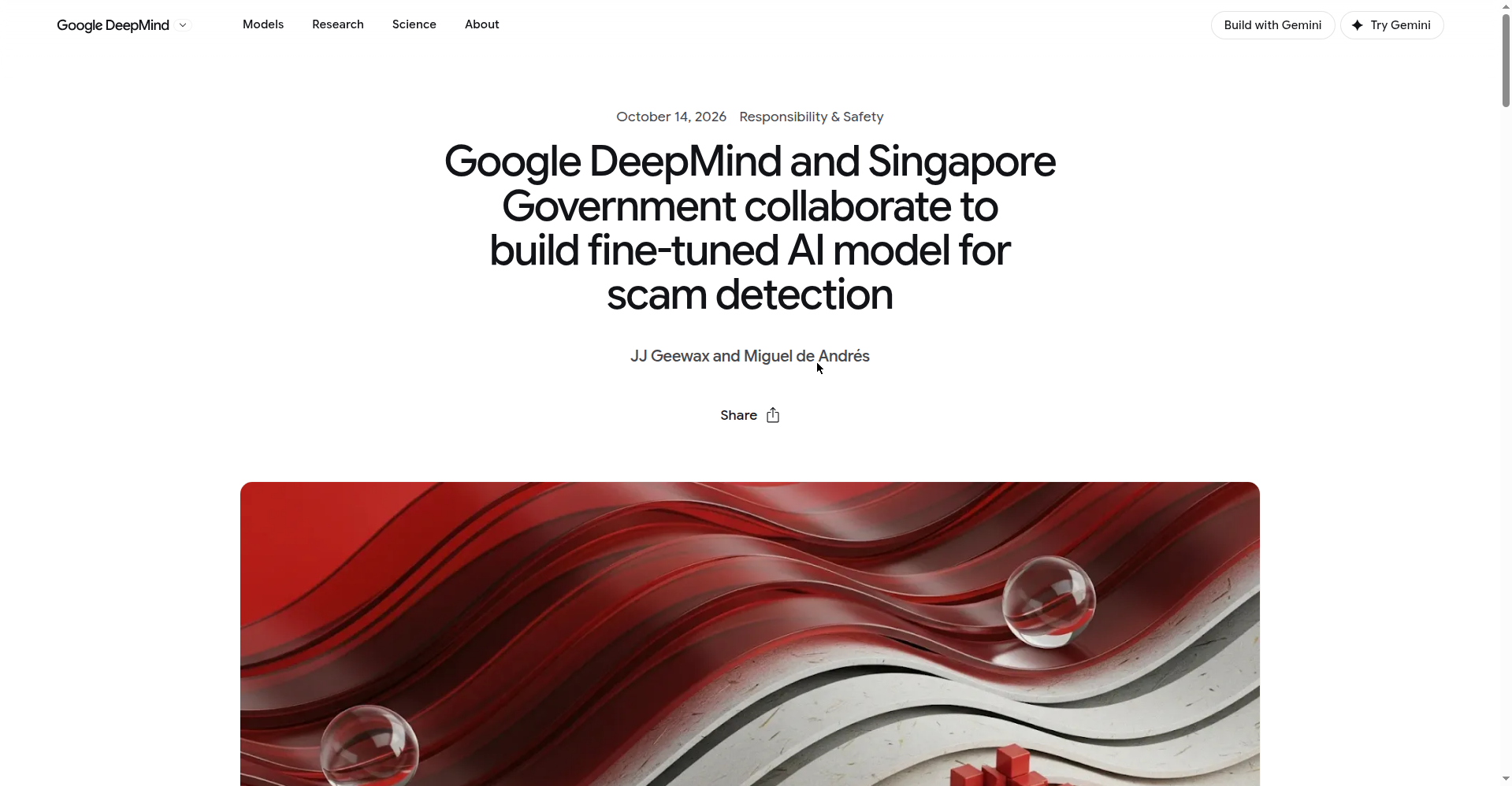 Screenshot of the Google DeepMind blog post "Google DeepMind and Singapore Government collaborate to build fine-tuned AI model for scam detection" dated Oct 14, 2026, with abstract red artwork.