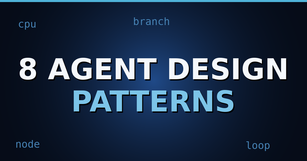 A dark navy gradient background featuring interconnected nodes, looped arrows, and circuit-like patterns symbolizing AI agent workflows.