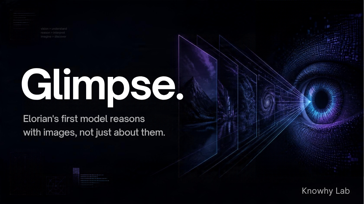 A dark tech-style cover headlined "Glimpse" with the subtitle "Elorian's first model reasons with images, not just about them", "Knowhy Lab" in the corner.