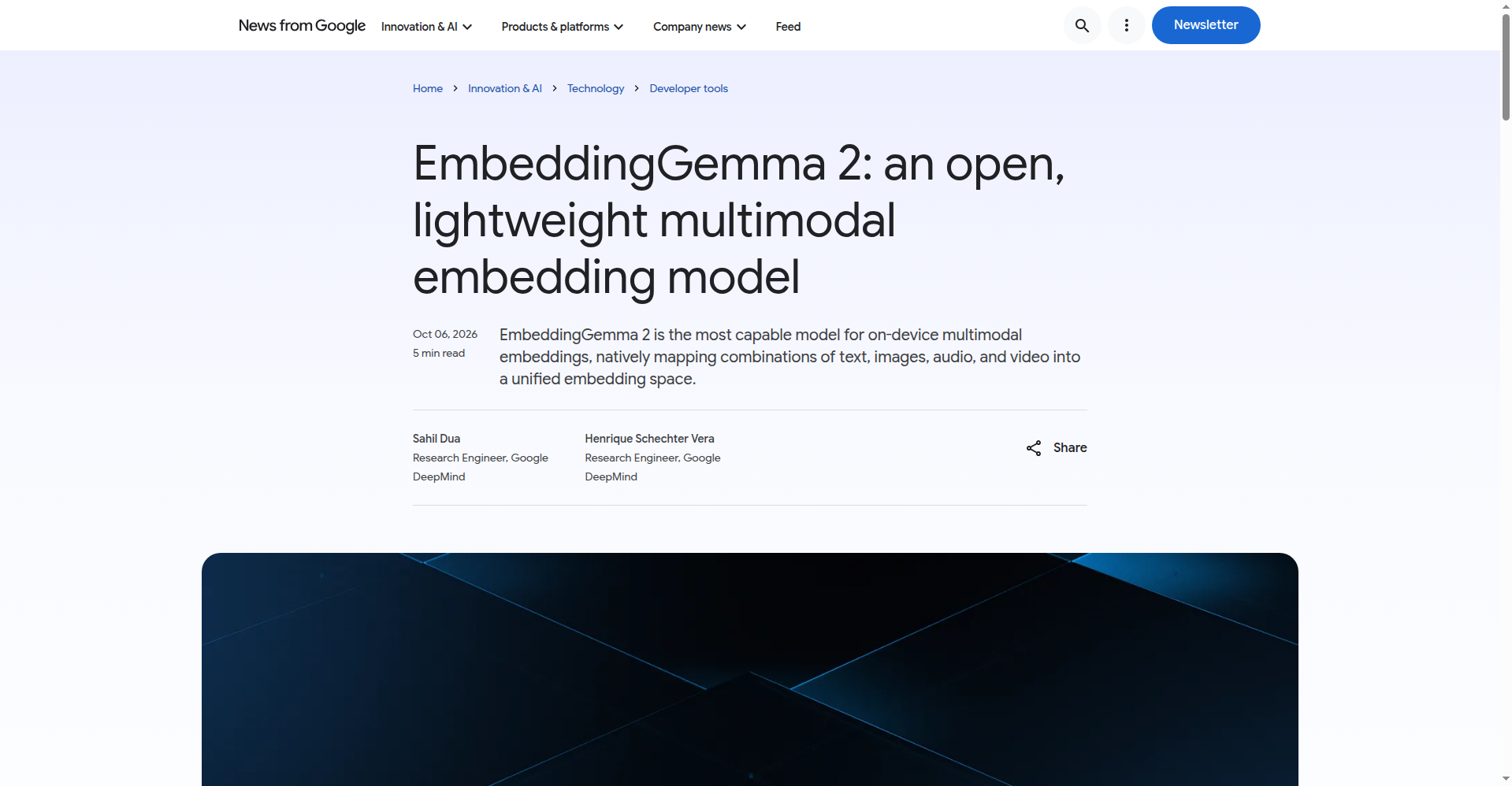 Google 官方博客 EmbeddingGemma 2 发布公告页截图