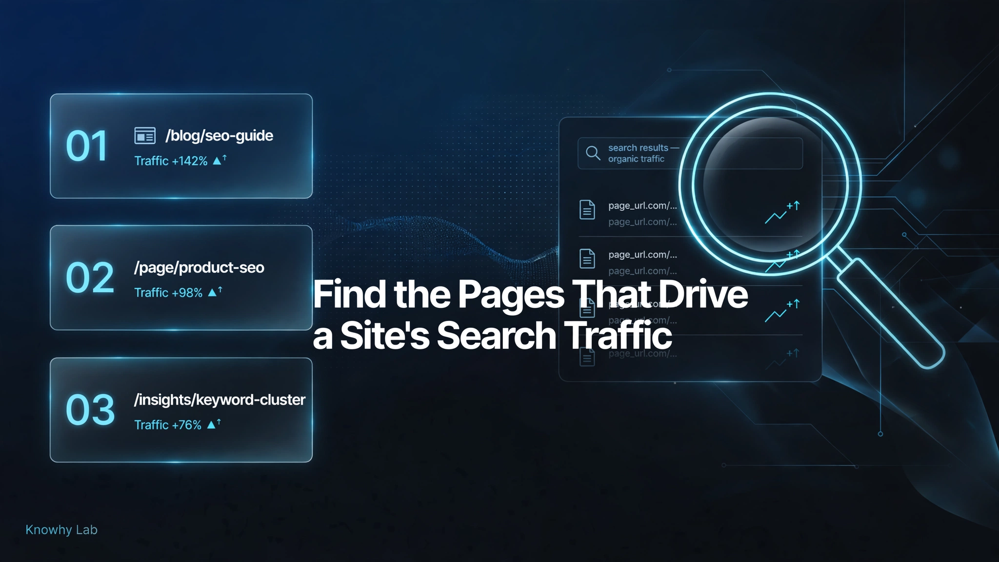 Dark branded cover with the title Find the Pages That Drive a Site's Search Traffic, ranked page cards and a magnifying glass over search results.