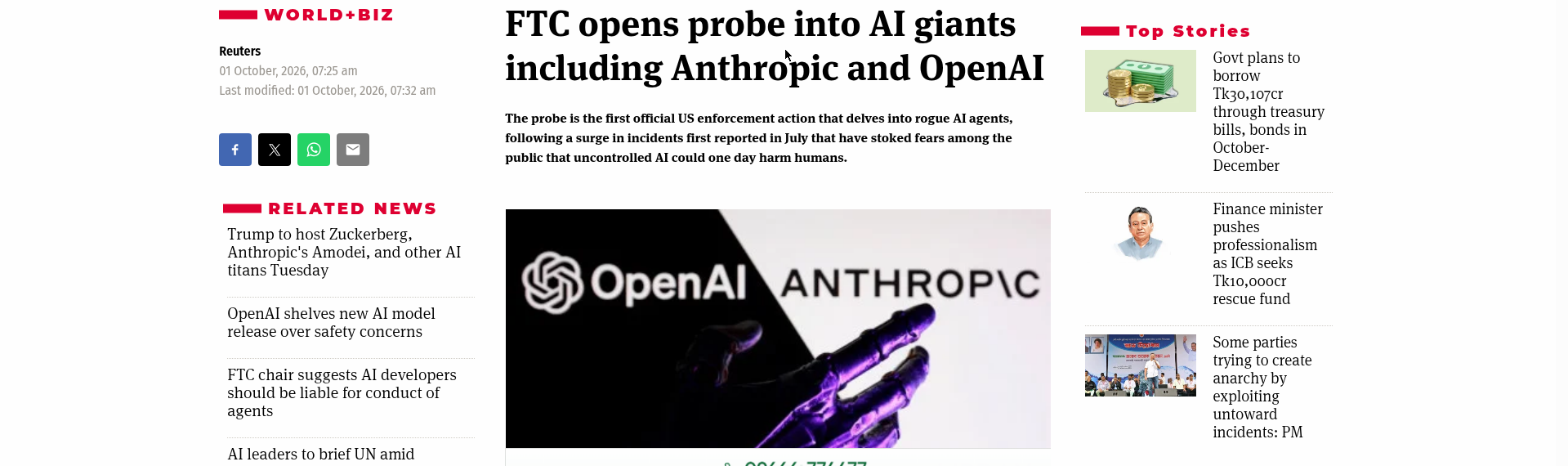 Reuters screenshot: "FTC opens probe into AI giants including Anthropic and OpenAI" headline with company logos