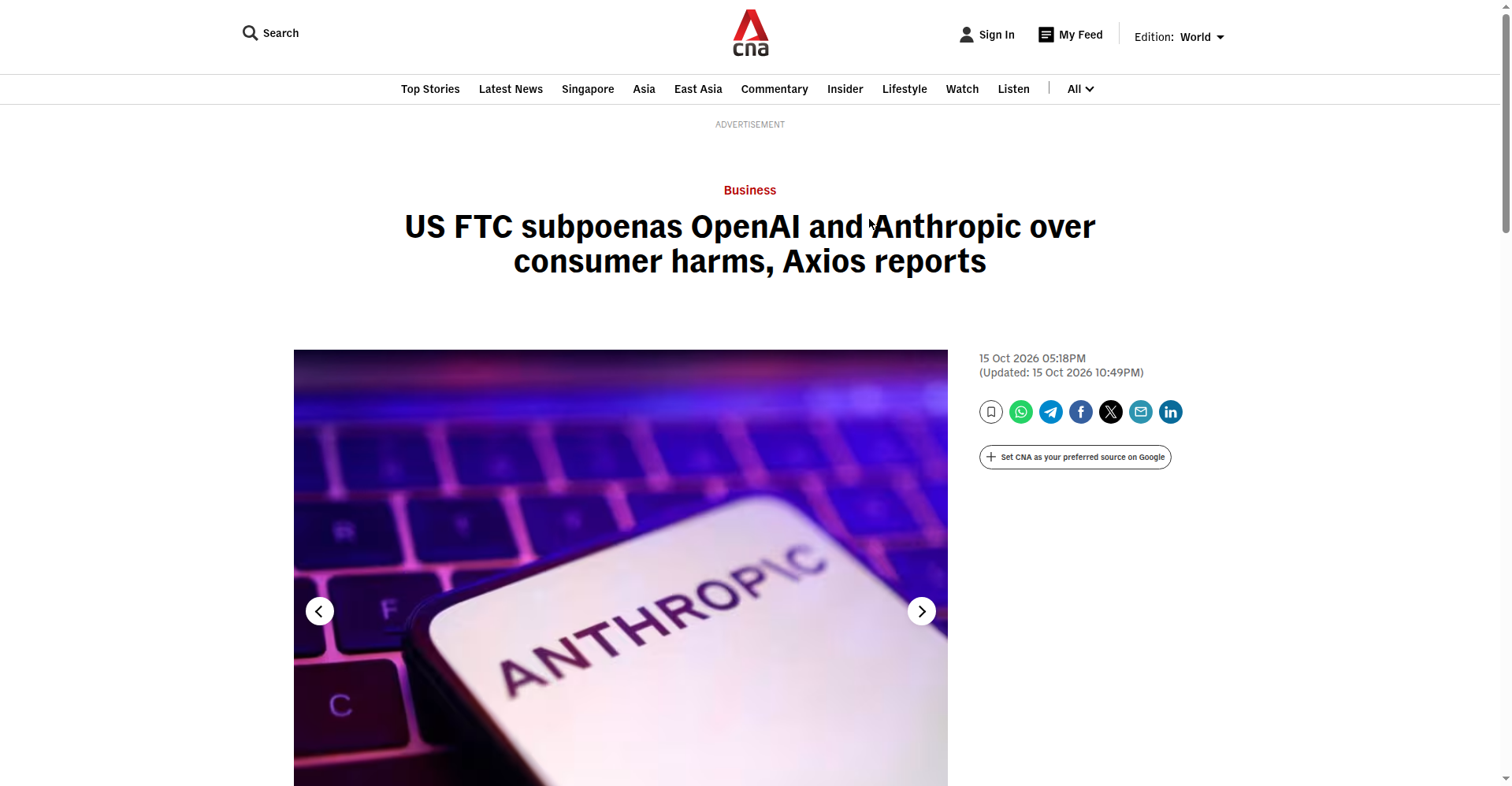 Screenshot of the CNA article header 'US FTC subpoenas OpenAI and Anthropic over consumer harms, Axios reports' above a photo of a phone showing the Anthropic logo on a keyboard.