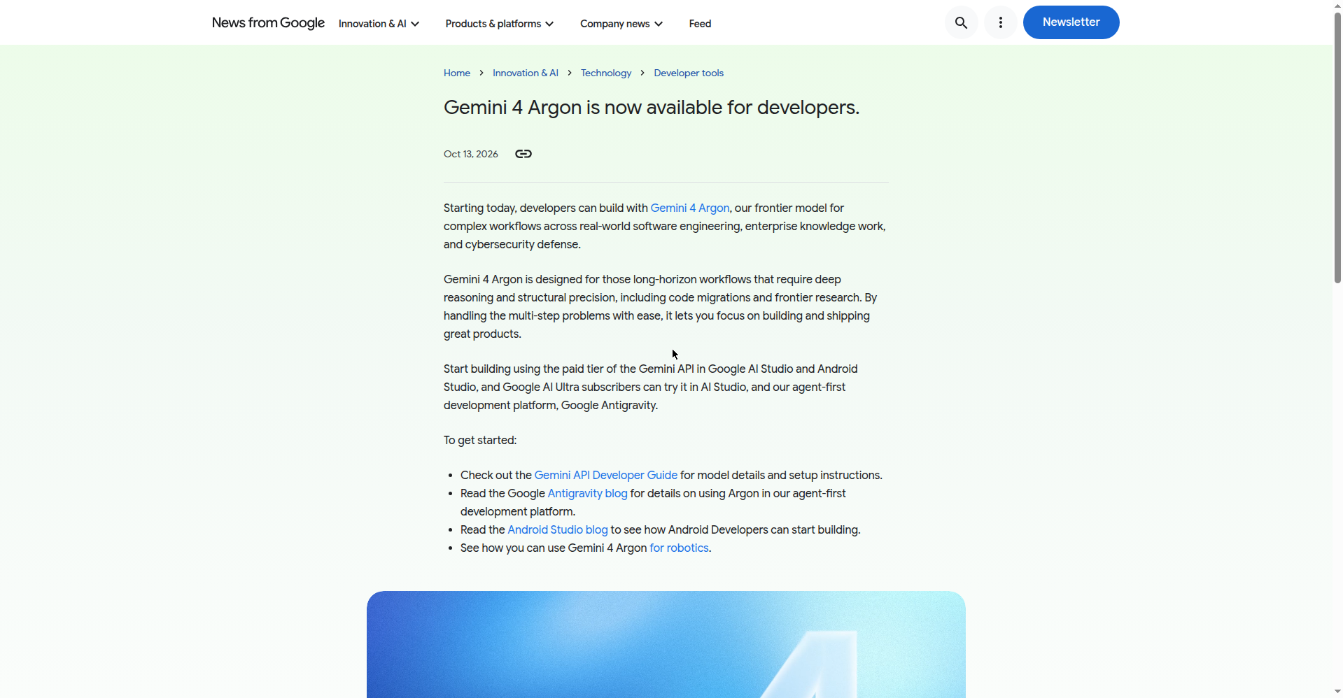 Screenshot of Google's official blog post headlined "Gemini 4 Argon is now available for developers", dated October 13, 2026.