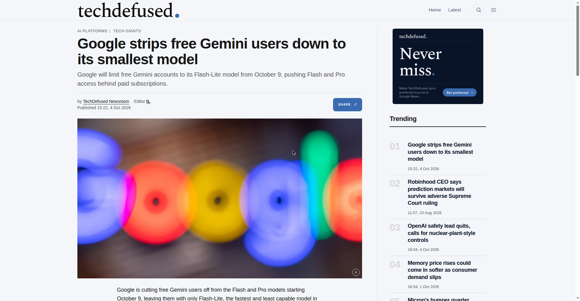 TechDefused 关于 Google 收紧免费版 Gemini 的报道页面截图