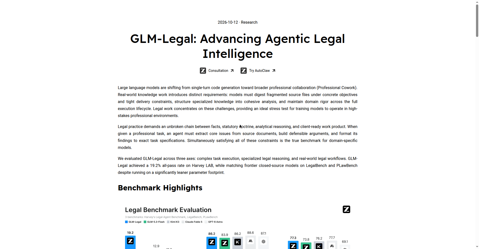 Screenshot of Z.ai's official blog announcement for GLM-Legal, dated October 12, 2026, showing the headline "GLM-Legal: Advancing Agentic Legal Intelligence" and benchmark evaluation charts.