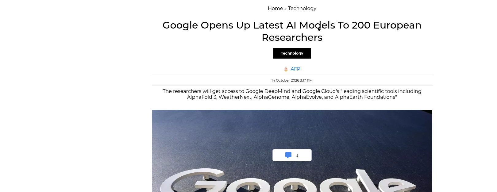 Screenshot of the Deccan Chronicle article "Google Opens Up Latest AI Models To 200 European Researchers" with the headline and Oct 14, 2026 date.