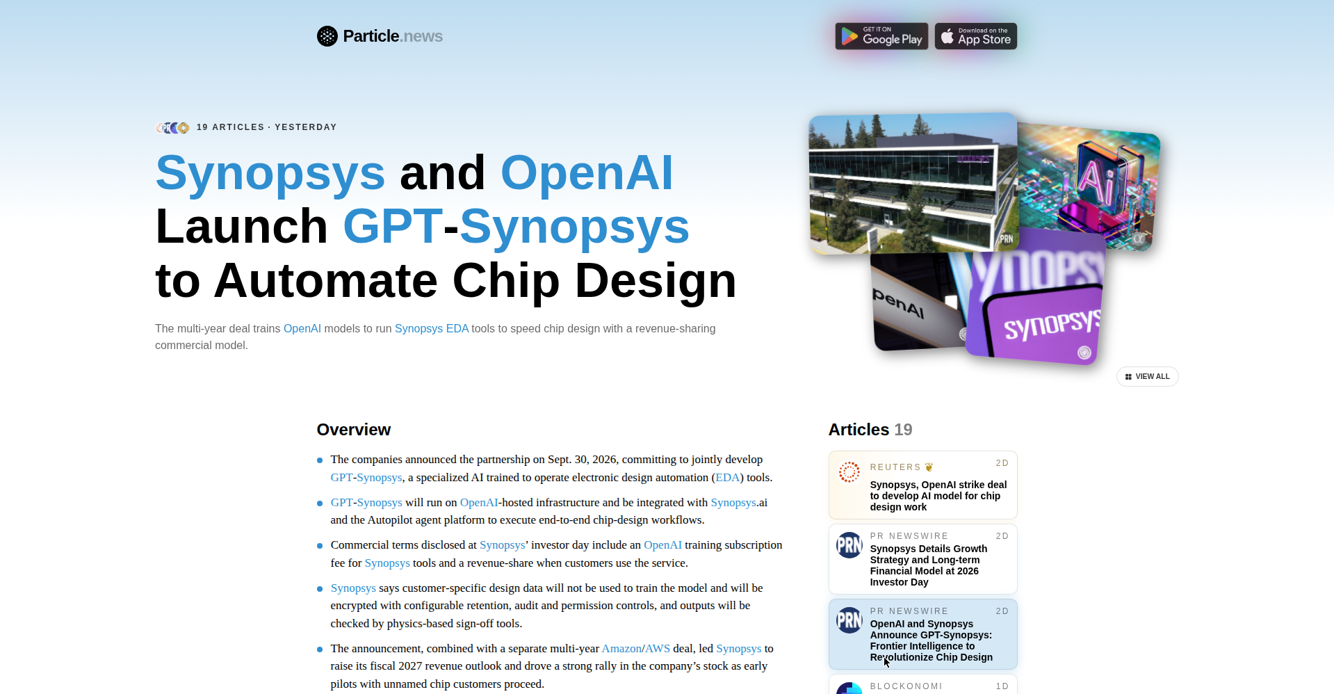 Particle 关于 GPT-Synopsys 合作的新闻报道首屏截图