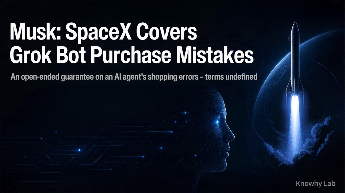 Dark tech-style cover with the headline 'Musk: SpaceX Covers Grok Bot Purchase Mistakes' and a subtitle about undefined guarantee terms, with Knowhy Lab in the corner.