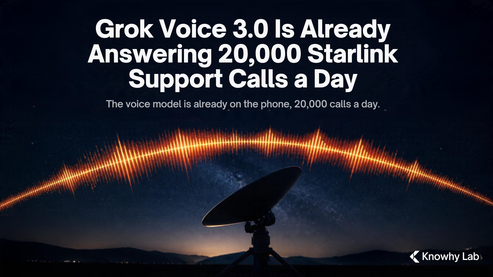 Dark tech illustration of a glowing voice waveform arcing over a satellite dish against a night sky, with faint signal lines and small data points along the wave.