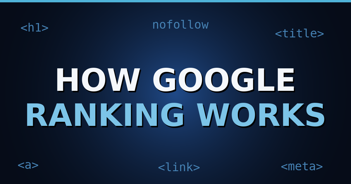 A dark navy gradient cover with HTML tag motifs like <h1> and <a> and the title "How Google Ranking Works" in white text.