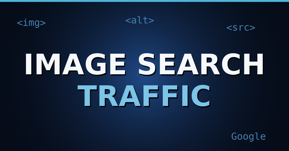A dark navy gradient cover with HTML-tag motifs and the title text "Image Search Traffic" in bold white letters.