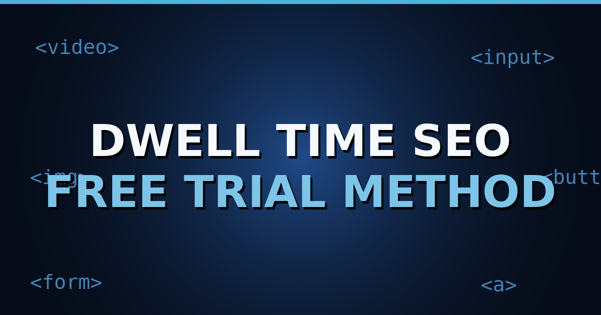 Dark navy gradient background with floating HTML tag symbols and the title text "Increase Dwell Time SEO" in white bold letters