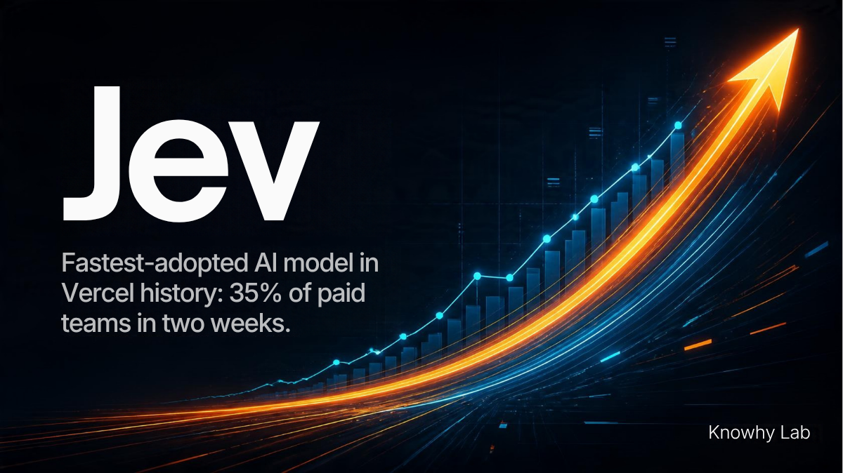 A dark tech-style cover headlined "Jev" with the subtitle "Fastest-adopted AI model in Vercel history: 35% of paid teams in two weeks", "Knowhy Lab" in the corner.