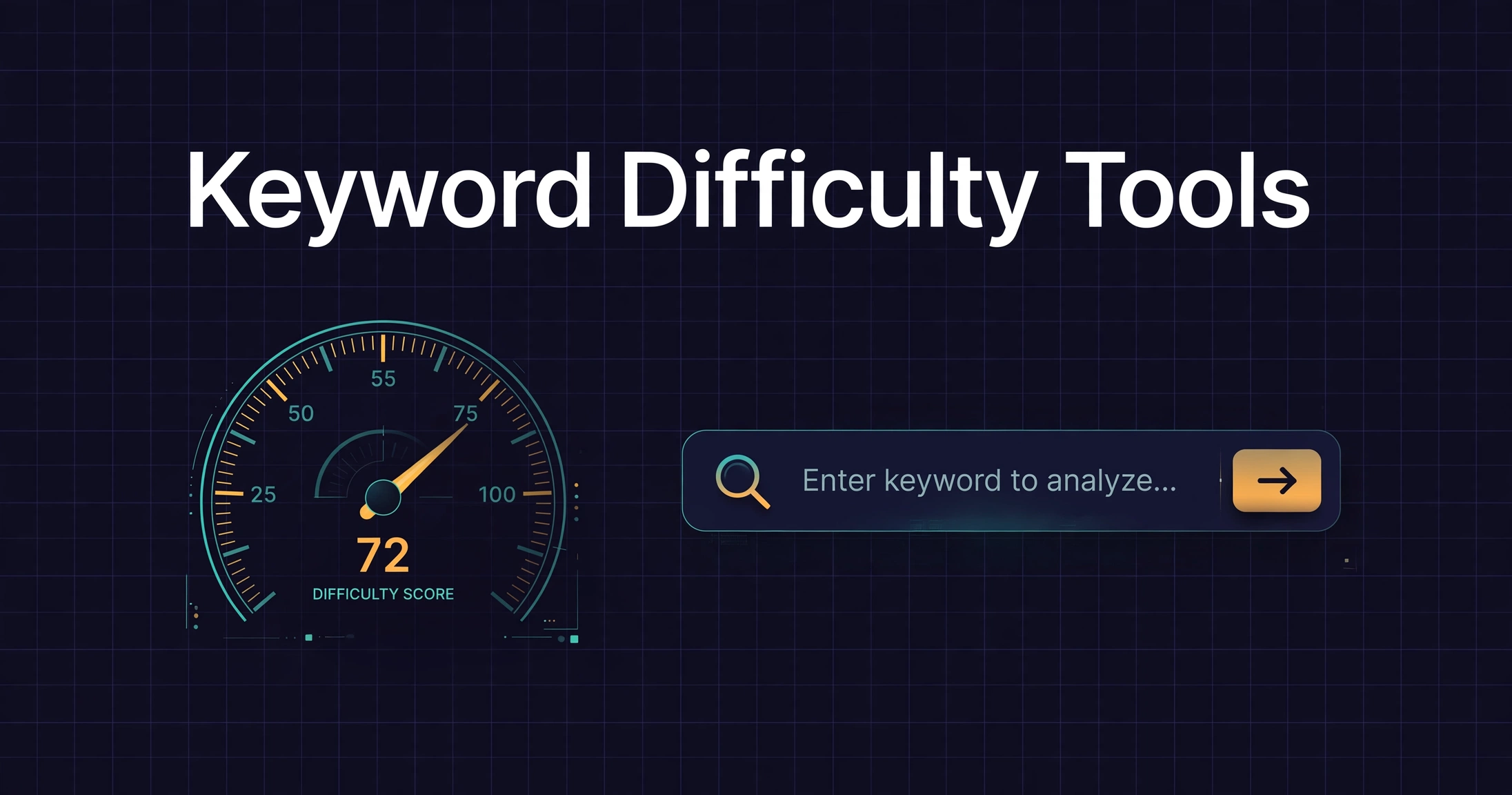 Dark branded cover titled Keyword Difficulty Tools with a gauge and search-bar motif.