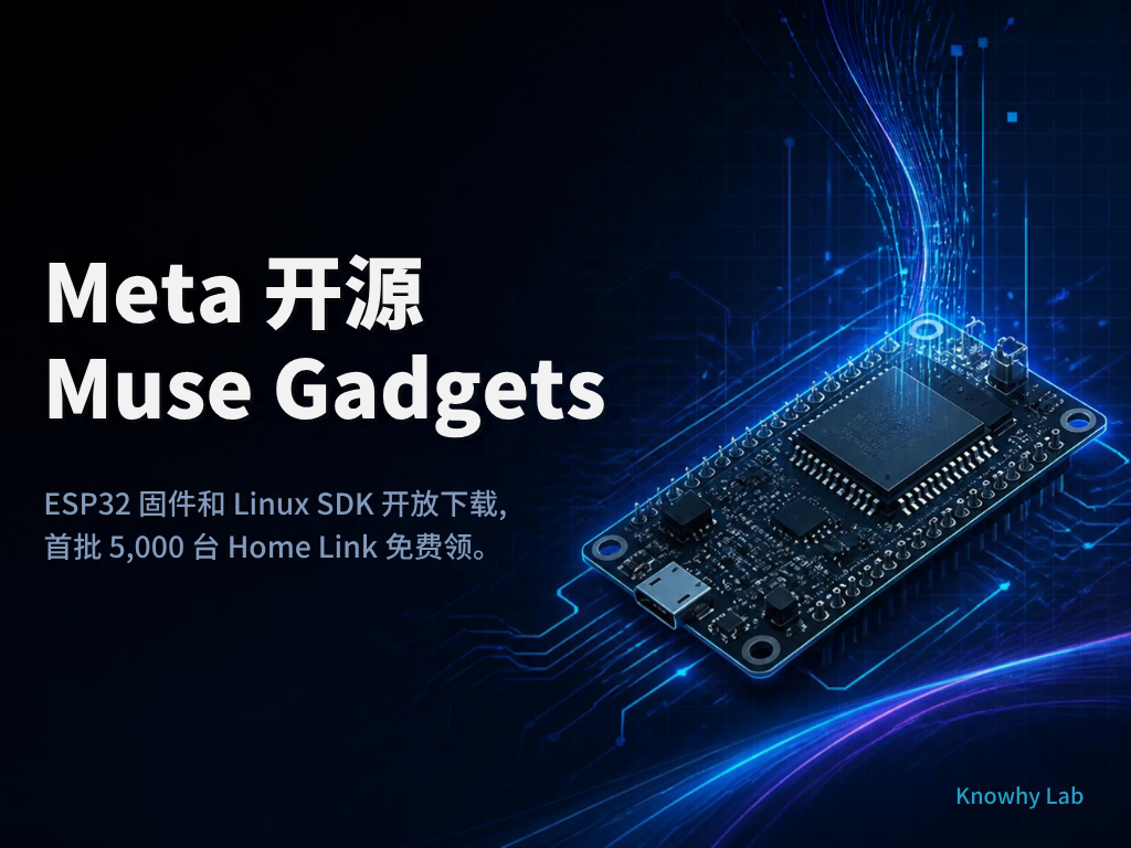 Meta 开源 Muse Gadgets 的 Canva 品牌封面：深色科技风电路板背景，主标题 Meta 开源 Muse Gadgets，右下角 Knowhy Lab 字样。