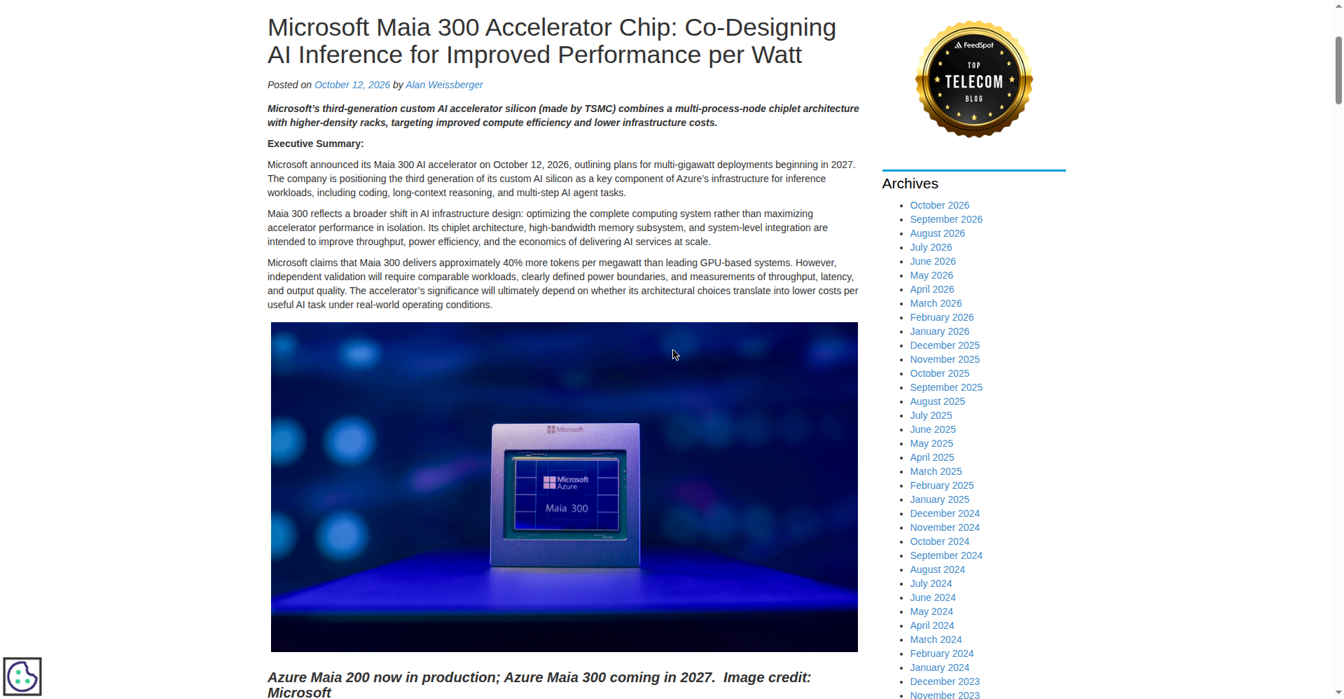 Screenshot of the IEEE ComSoc Technology Blog article headline announcing Microsoft's Maia 300 AI accelerator chip, showing the article title and chip imagery.
