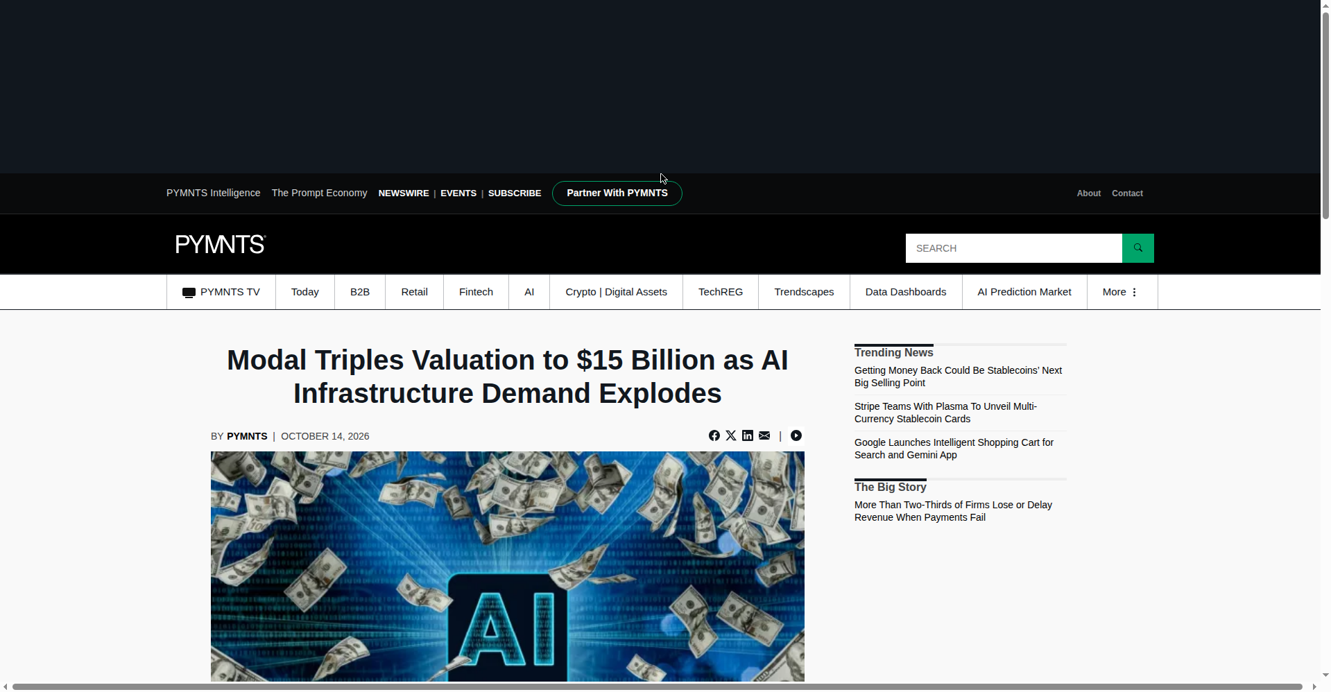 Screenshot of the PYMNTS article header 'Modal Triples Valuation to $15 Billion as AI Infrastructure Demand Explodes' above an illustration of dollar bills and an AI icon.