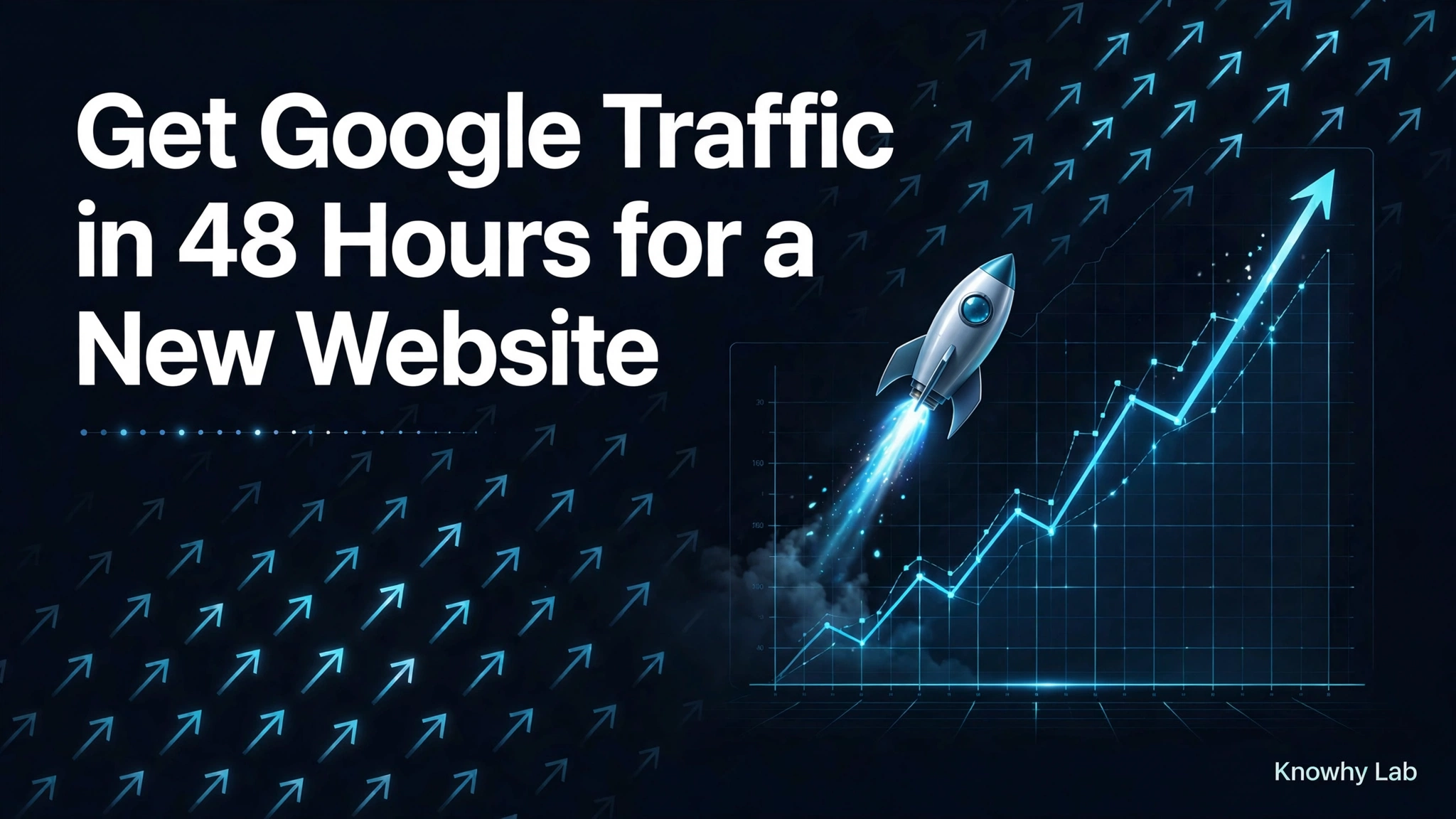 Dark illustration of a new website launching with a rising traffic graph and a magnifying glass over a small keyword.