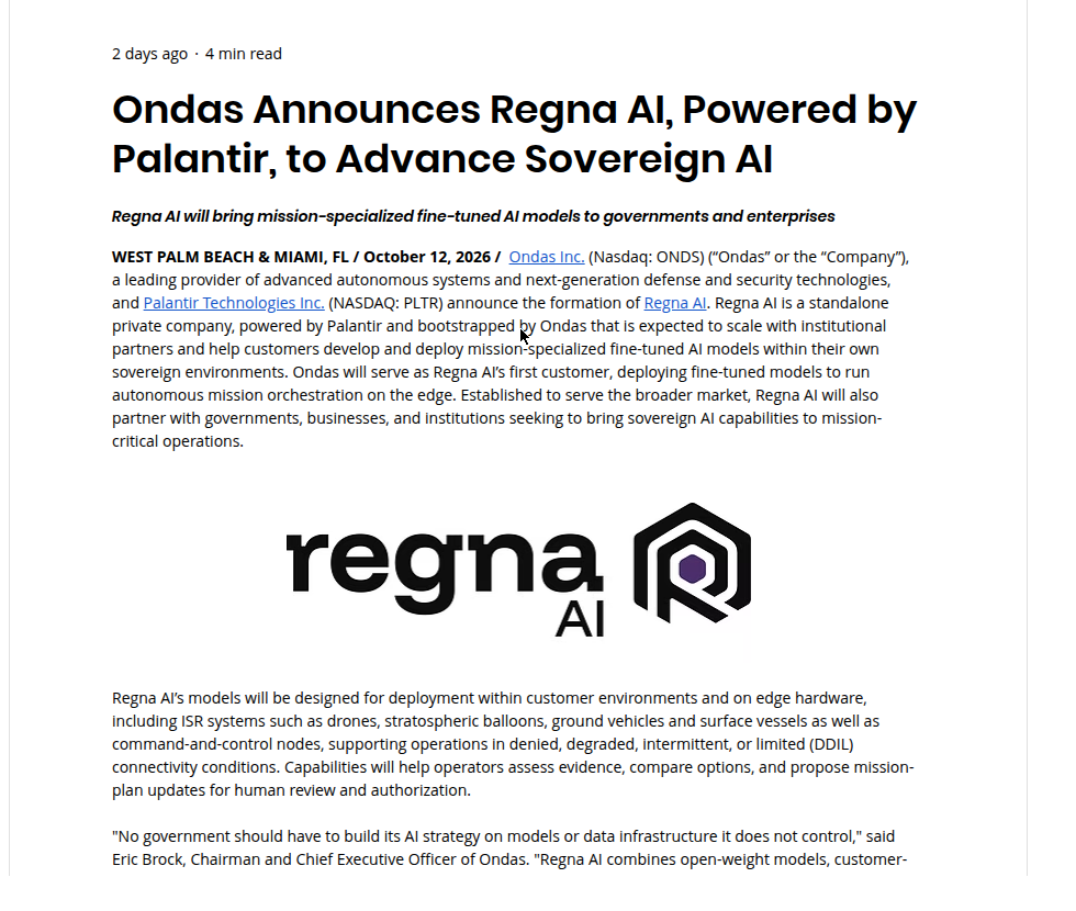 Screenshot of the official Ondas announcement of Regna AI, showing the press release headline and the Regna AI logo.