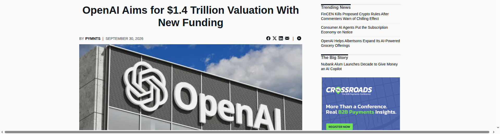 PYMNTS 关于 OpenAI 1.4 万亿美元估值融资报道的页面截图。