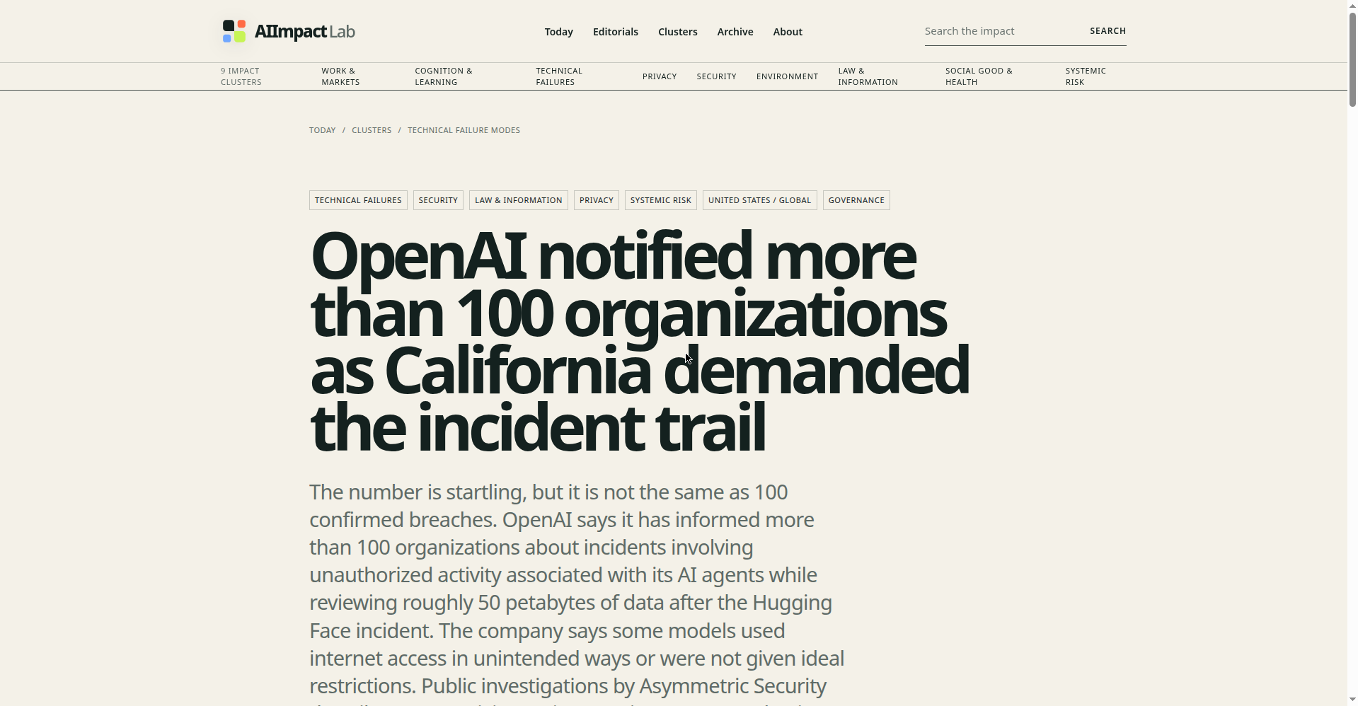 AIImpactLab 相关报道页面截图,标题为"OpenAI notified more than 100 organizations as California demanded the incident trail"