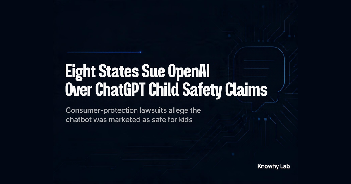 Dark branded cover with the headline Eight States Sue OpenAI Over ChatGPT Child Safety Claims and a Knowhy Lab wordmark.