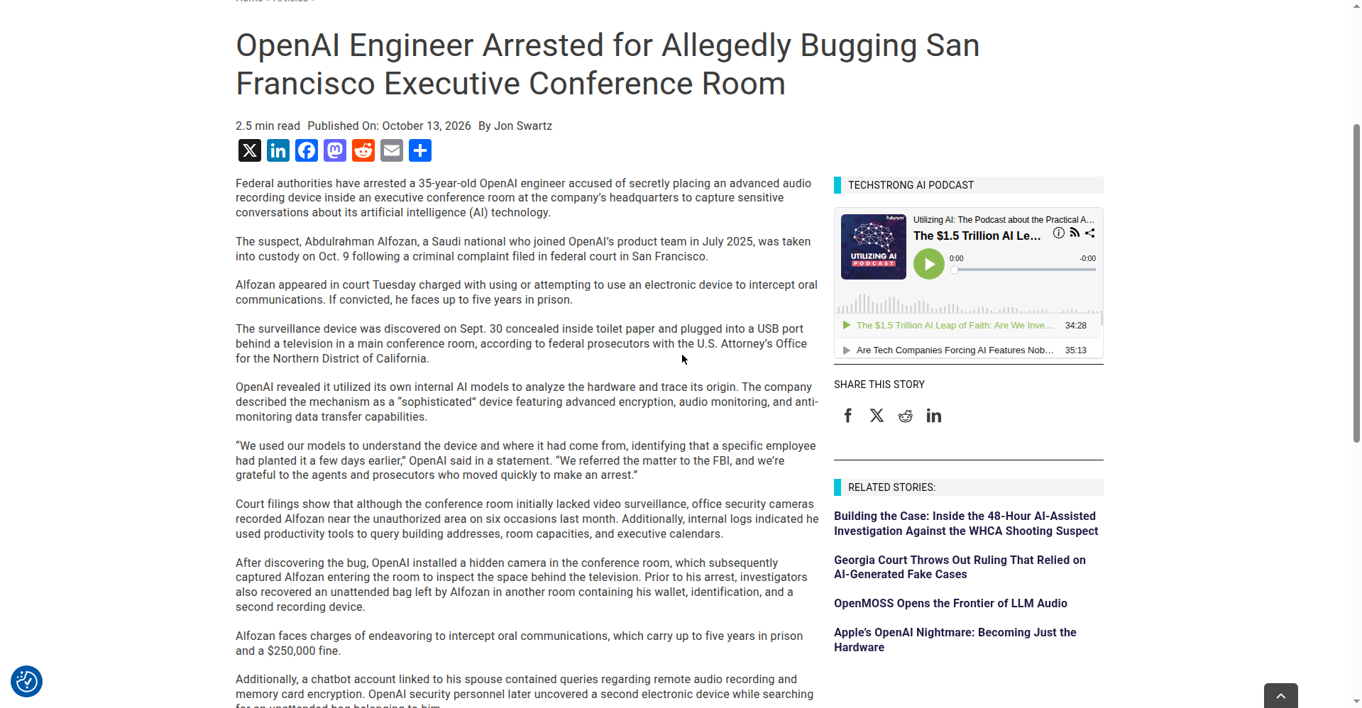 Screenshot of a news article page headlined "OpenAI Engineer Arrested for Allegedly Bugging San Francisco Executive Conference Room," showing the article title and opening paragraphs.