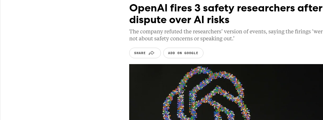 Screenshot of Fast Company coverage of OpenAI firing three safety researchers