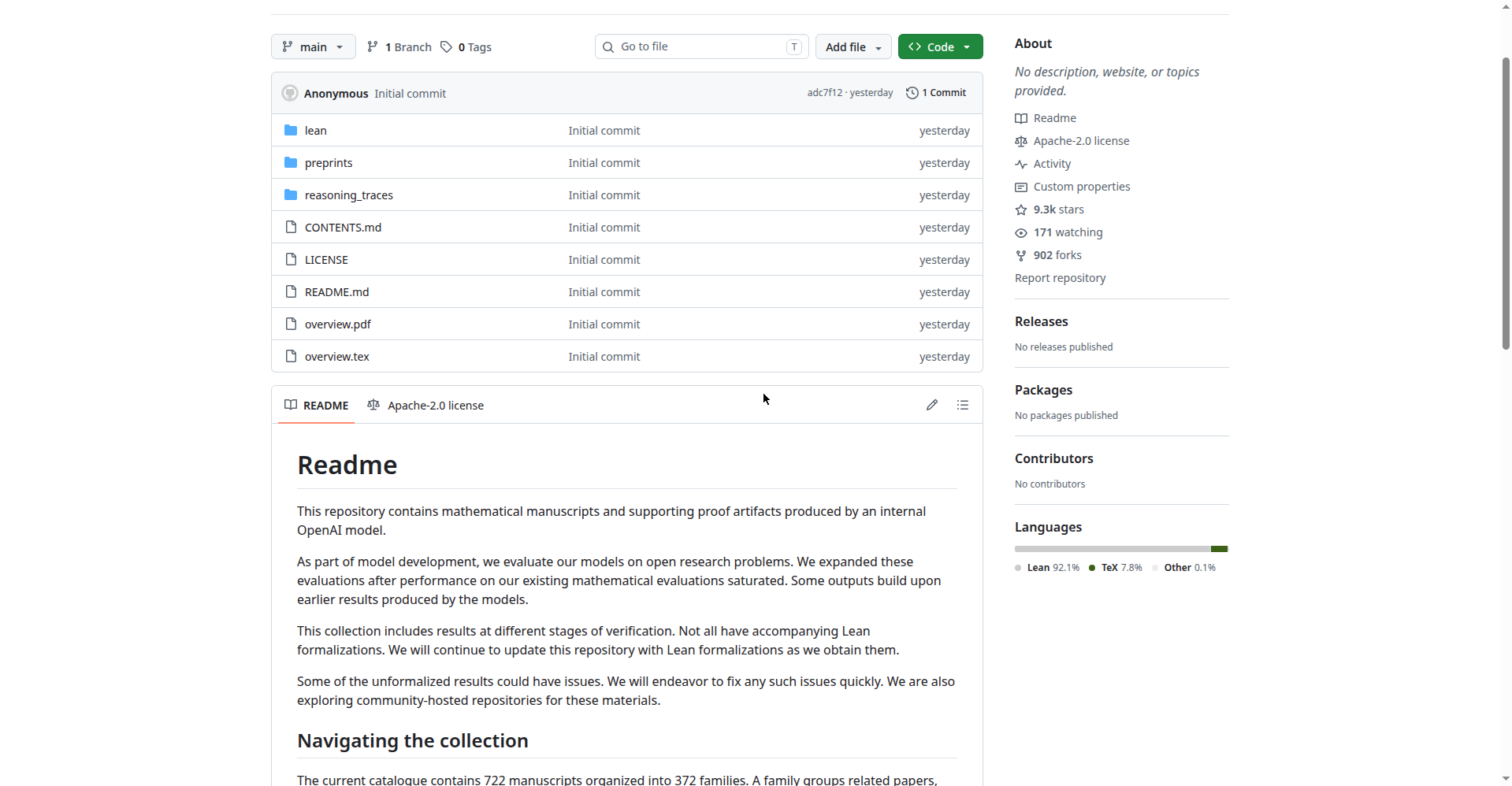 OpenAI 在 GitHub 公开的 math 仓库页面截图，README 显示收录 722 篇手稿、归入 372 个家族