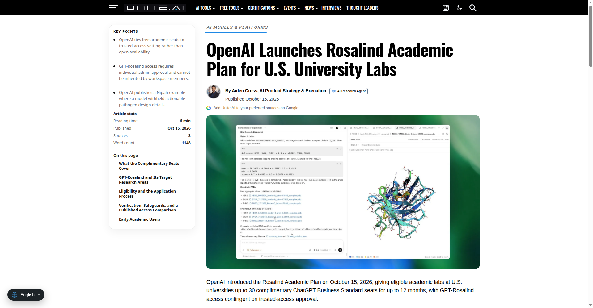 Screenshot of the Unite.AI article page headlined 'OpenAI Launches Rosalind Academic Plan for U.S. University Labs,' with a protein structure image.