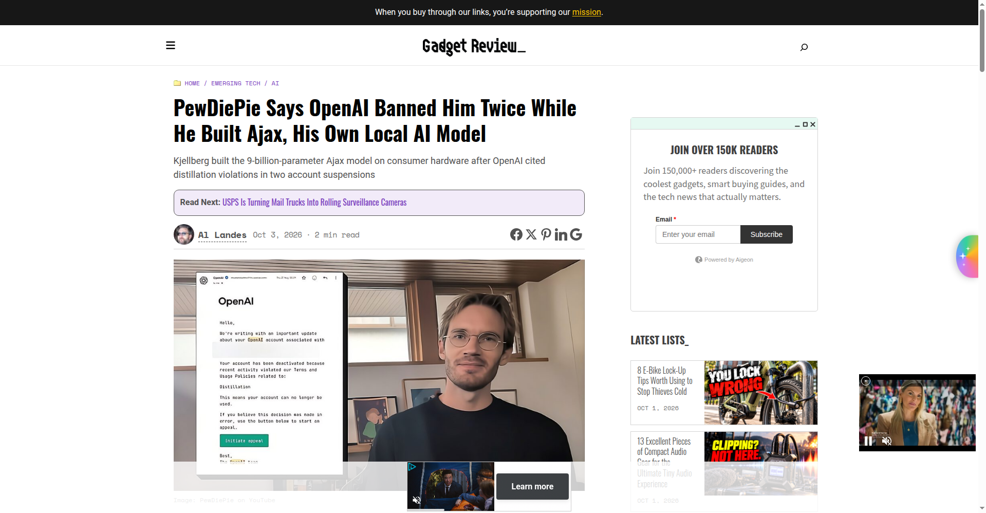 Gadget Review 相关报道截图:PewDiePie 发布本地模型 Ajax,OpenAI 因蒸馏封禁其账号。