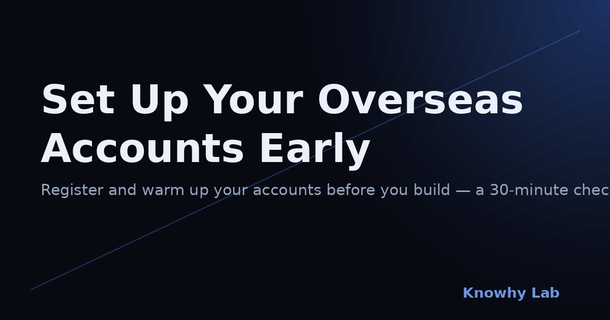 Dark tech-style cover illustration with the headline 'Set Up Your Overseas Accounts Early' and a Knowhy Lab wordmark in the corner.