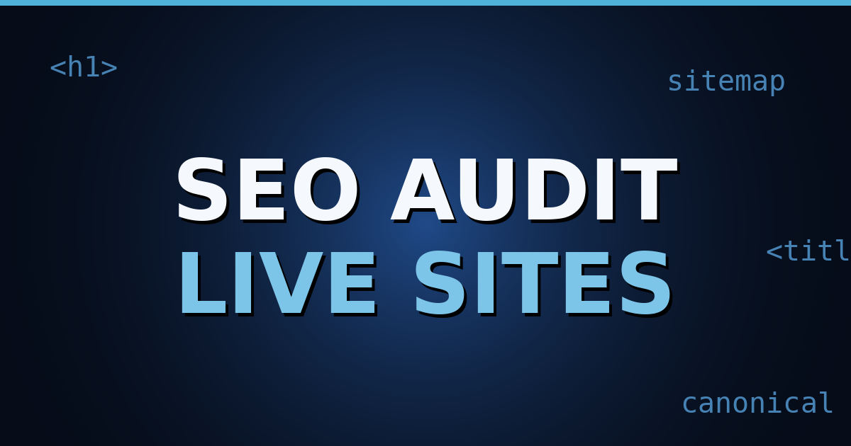 A dark navy gradient cover with HTML tag motifs and the title text "SEO Audit" centered in bold white letters.