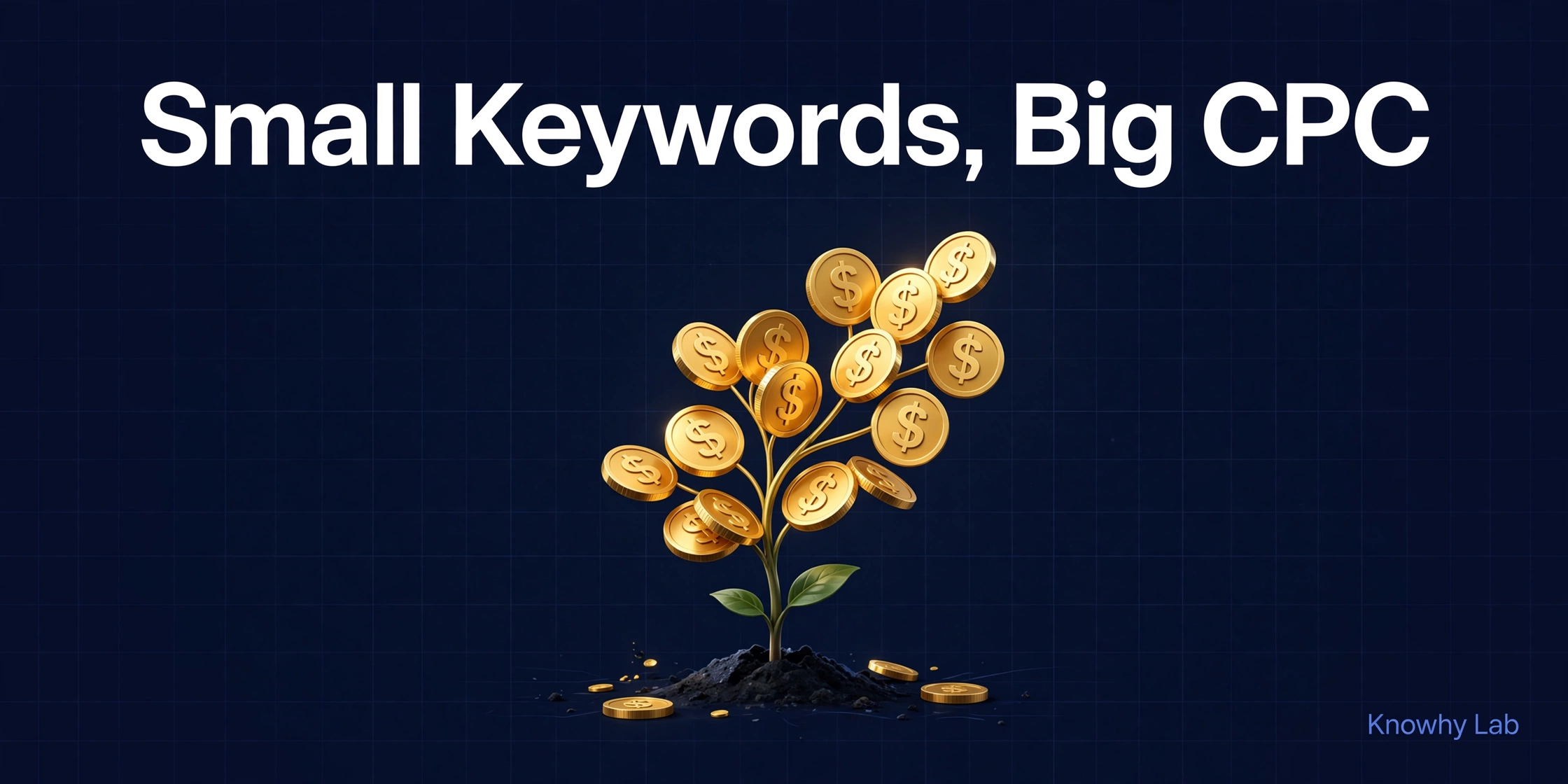 Dark branded cover titled Small Keywords, Big CPC with a seedling growing golden dollar coins.