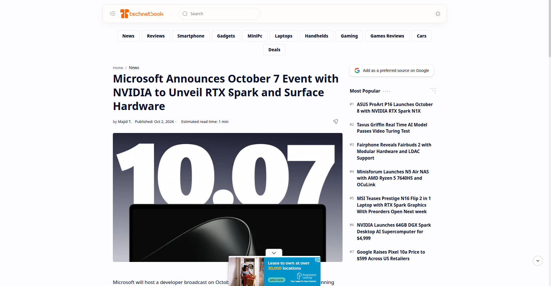 Screenshot of technetbooks coverage of the Microsoft-NVIDIA October 7 event announcement