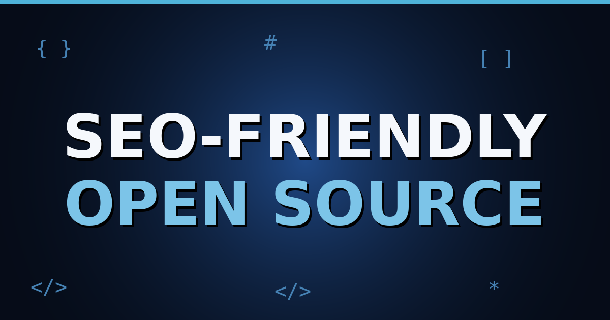 A dark navy gradient cover with code-bracket motifs and the title text "SEO-Friendly Open Source" centered in bold white letters.